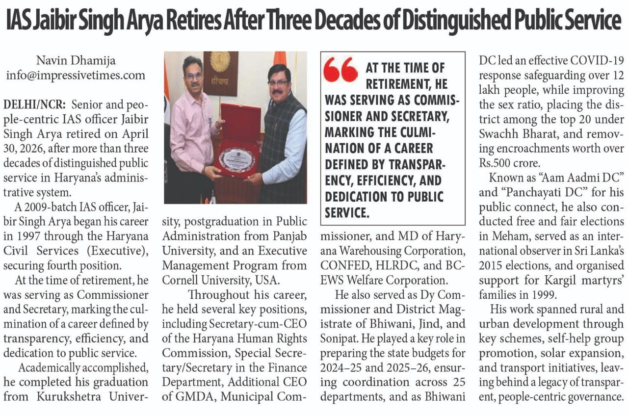 Cropped Impressive Times clipping on Jaibir Singh Arya's retirement.
